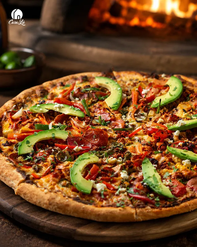 Pizza artesanal con aguacate recién salida del horno de leña