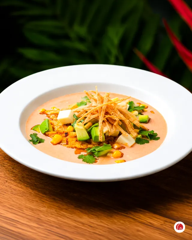 Sopa de tortilla con tiras crujientes, aguacate y cilantro